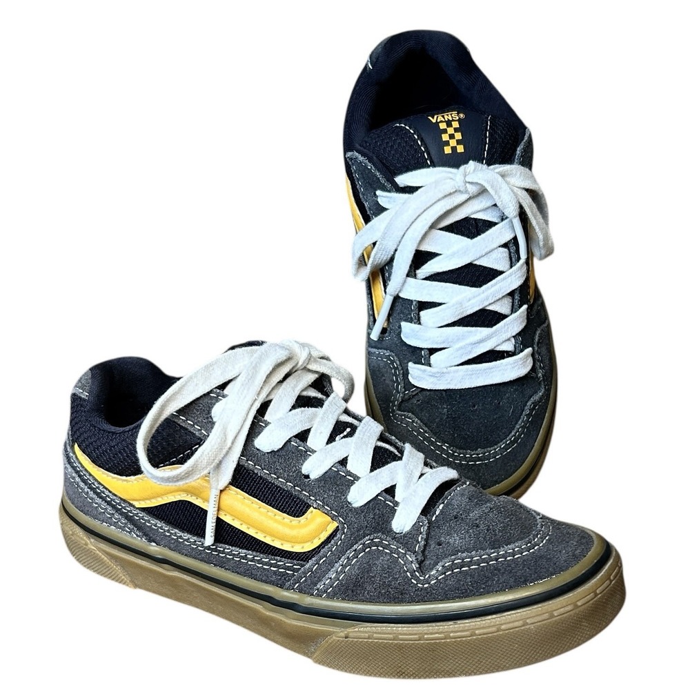 VANS Caldrone Youth sz 2 Gray Suede Yellow Stripe Skate Sneaker Gum Sole Lace Up